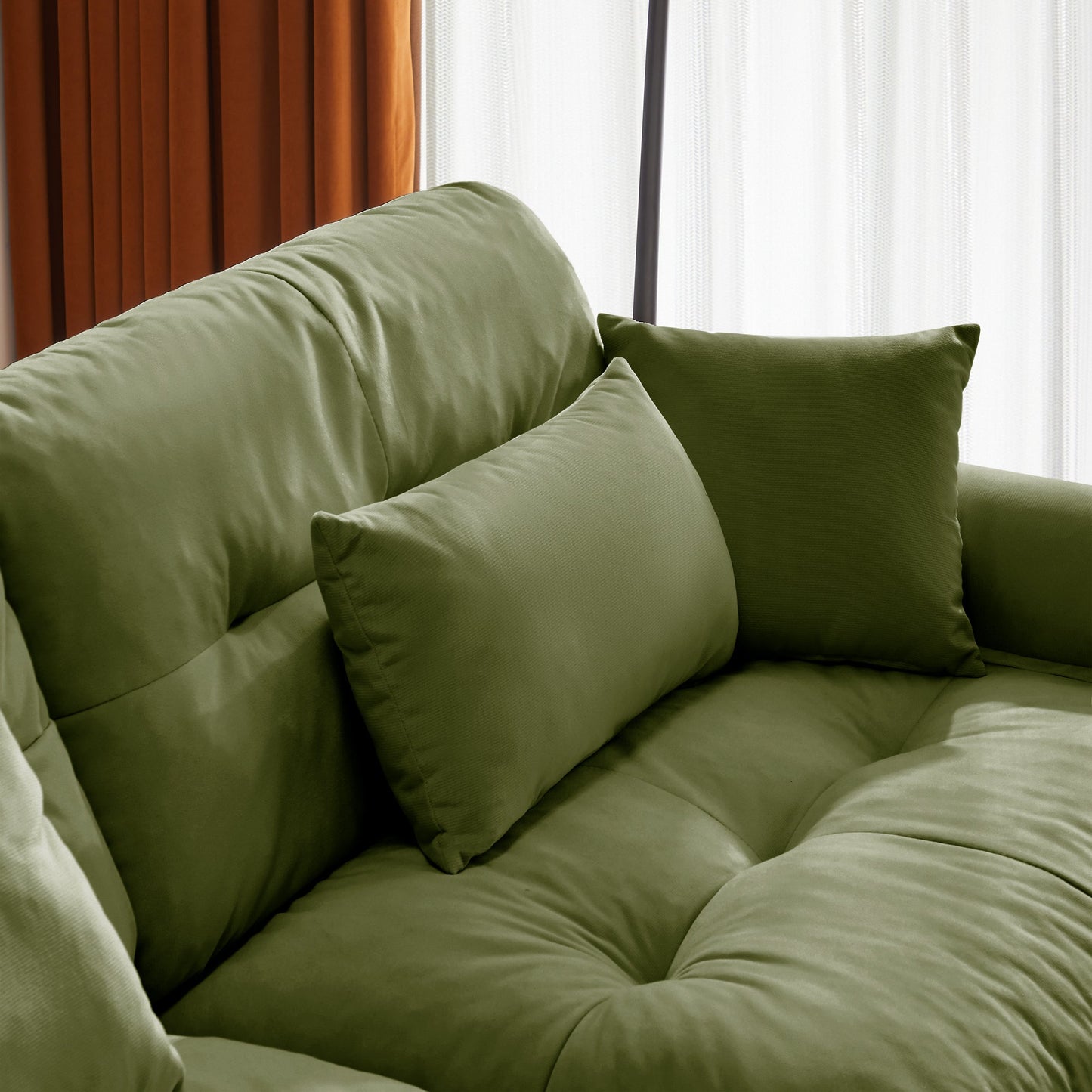 NEW Modern Oversized Velvet Two-Seater Sofa with Ottoman and Round Bolster Armrests in Olive Green