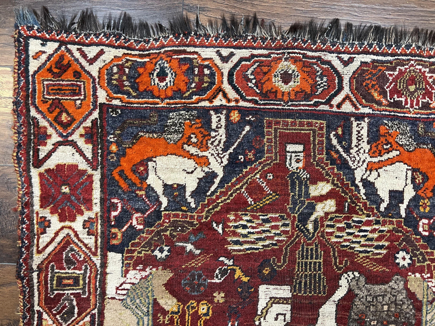 USED Antique Persian Shiraz Pictorial Rug 3.6 x 5, Persian Tribal Rug, Handmade, Lions, Highly Unique Collectible Small Persian Carpet, Maroon, Wool