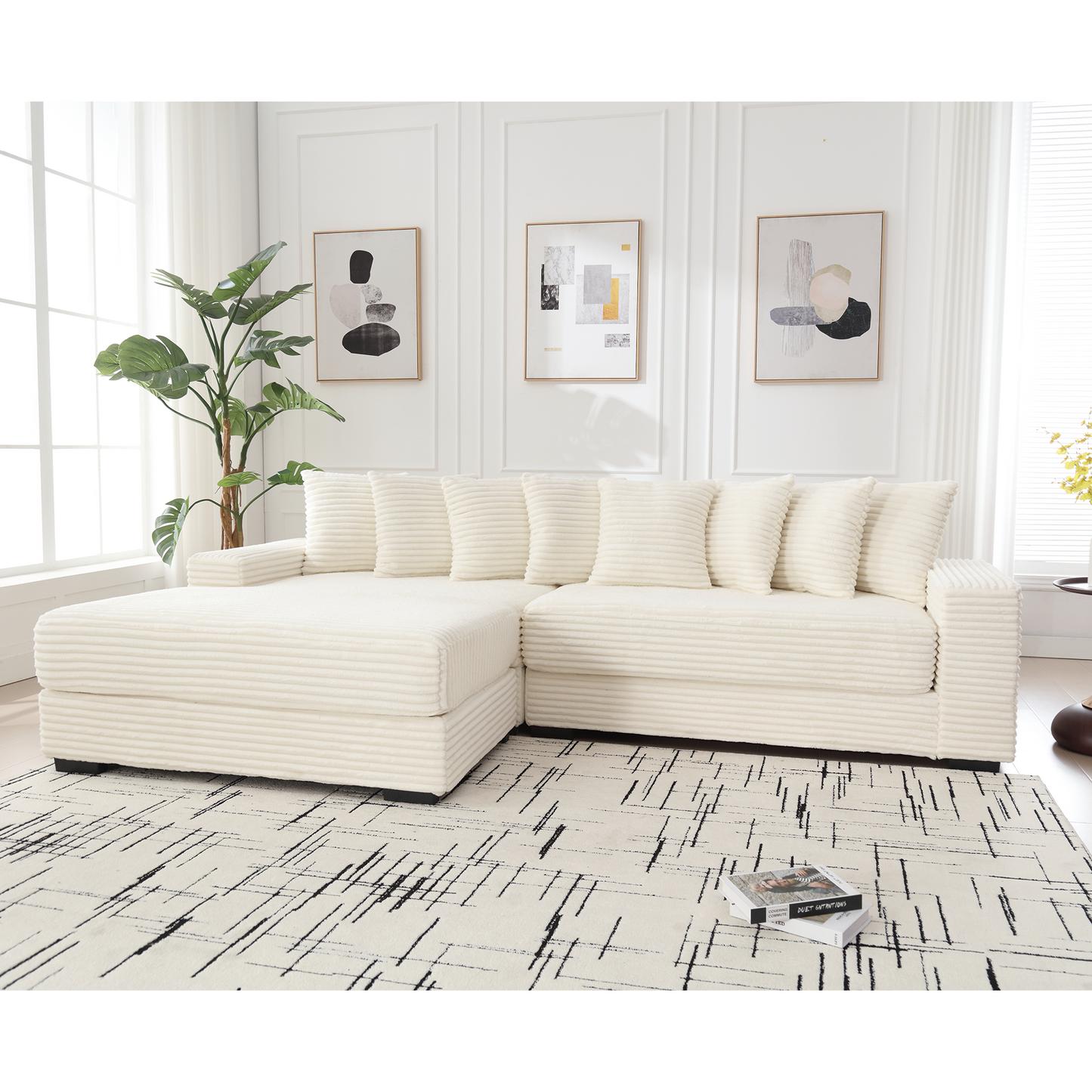 NEW Oversized Two-Piece  Couches,  L Shaped Sofa, Corduroy, Left Chaise Daybed,with Armrests,Eight Throw Pillows,Corner Sofa,Easy To Assemble, Beige