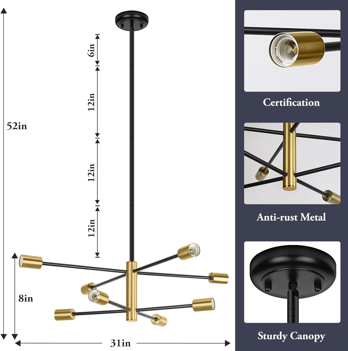 NEW Eight Light Modern Sputnik Chandelier Black And Gold