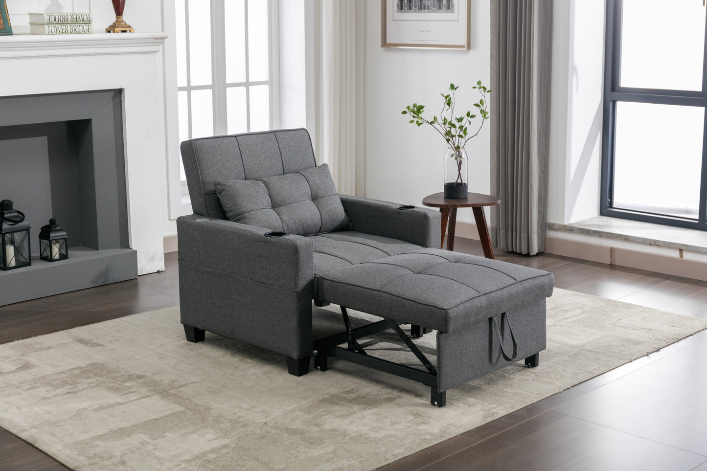 NEW Dark Grey Linen Futon Bed Convertible Chair 3-in-1 Pull Out Sleeper