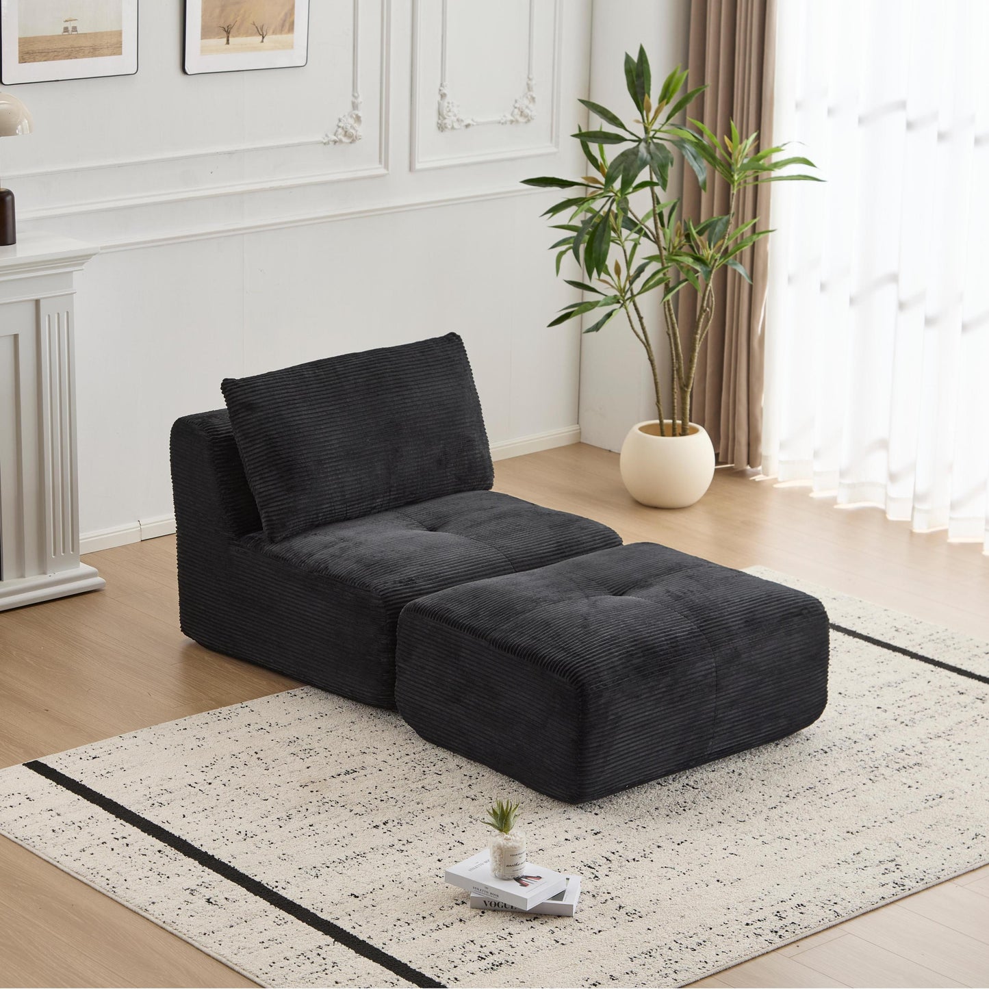 NEW Modern Black Corduroy Fabric Memory Foam Compressed Single Chaise Lounge Cloud Modular Sectional Sofa with Movable Ottoman