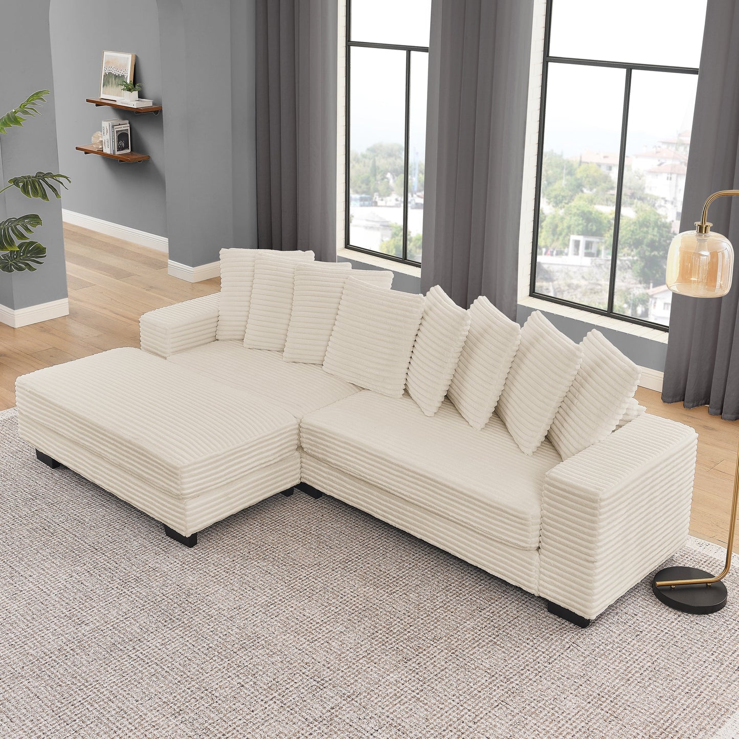 NEW Corduroy Tufted Upholstered Sleeper Sectional Sofa, L-Shaped Modular Convertible Sofa , Can freely change the position of the footrests-Beige(Assembly is required)