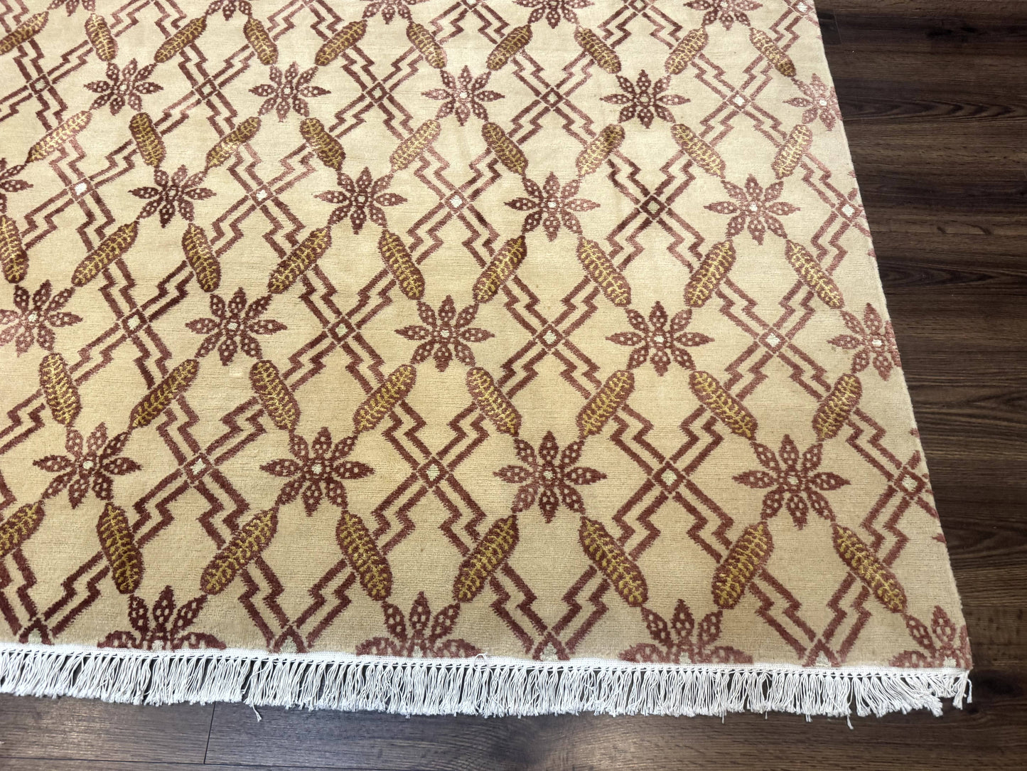 USED Tibetan Rug 8x10, Wool with Silk Highlights, Beige and Maroon, Contemporary Carpet