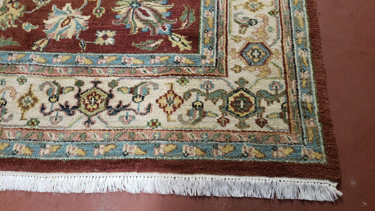 USED 8x12 Indo-Mahal Rug, Floral Allover, Red & Beige, Wool Vintage Handmade Traditional Carpet