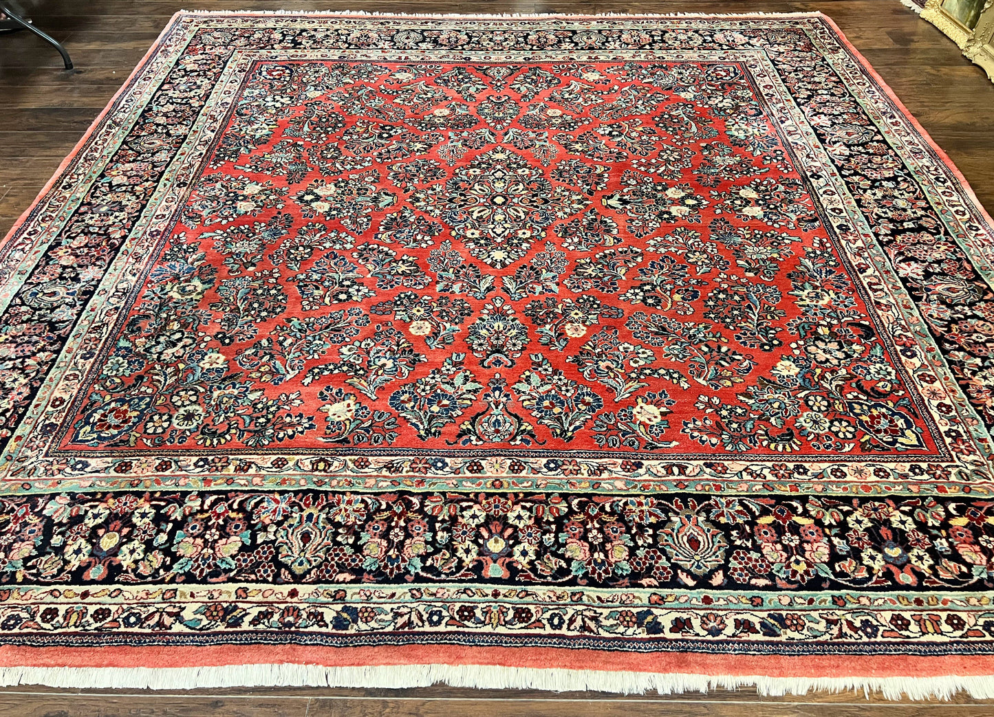 USED Square Persian Sarouk Rug 11x11 ft, Rare Size, Hand Knotted Wool Floral Allover Red Persian Carpet, Handmade Antique Rug