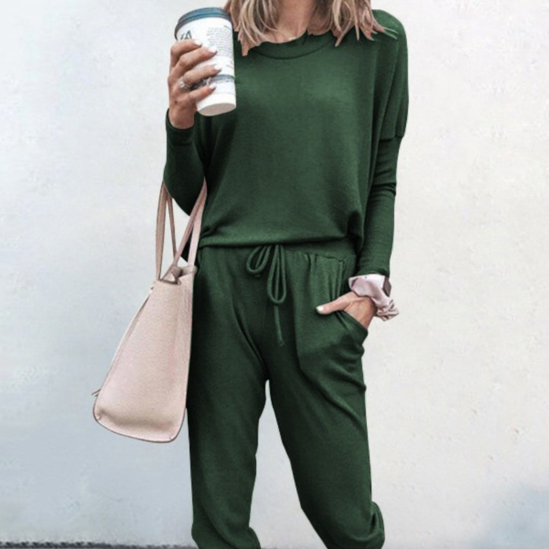 New Women's Long Sleeve Suit Fashion Pullover Top And Pockets Drawstring Long Pants Solid Color Casual Sports Trouser Suit Clothing