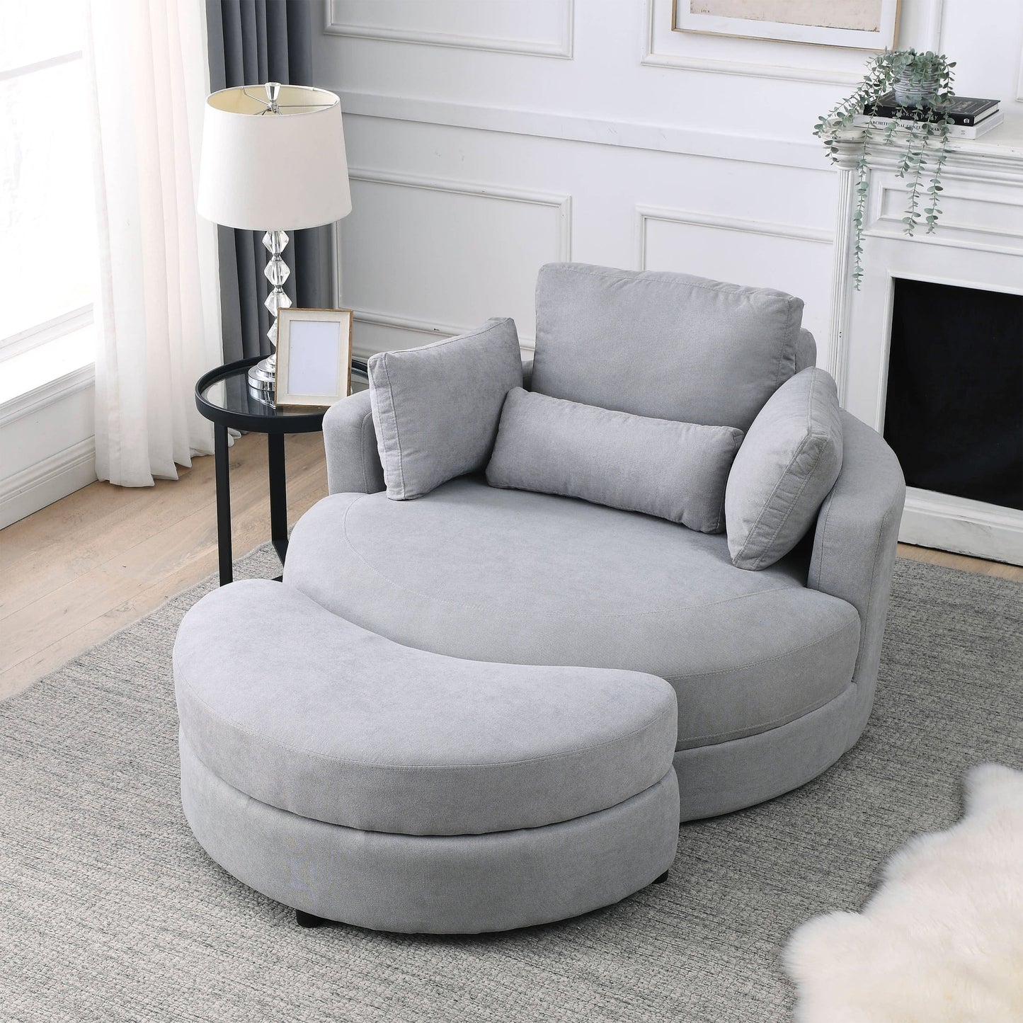 NEW We Like Swivel Accent Barrel Modern Grey Sofa Lounge Club Big Round Chair with Storage Ottoman Linen Fabric with Pillows