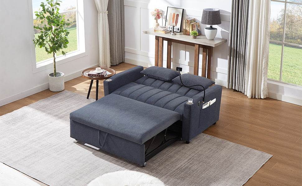NEW Convertible Sofa Bed Loveseat with USB Ports, Side Pockets, Cup Holders, and Phone Holder in Blue Grey Bella Fabric, 55.9'
