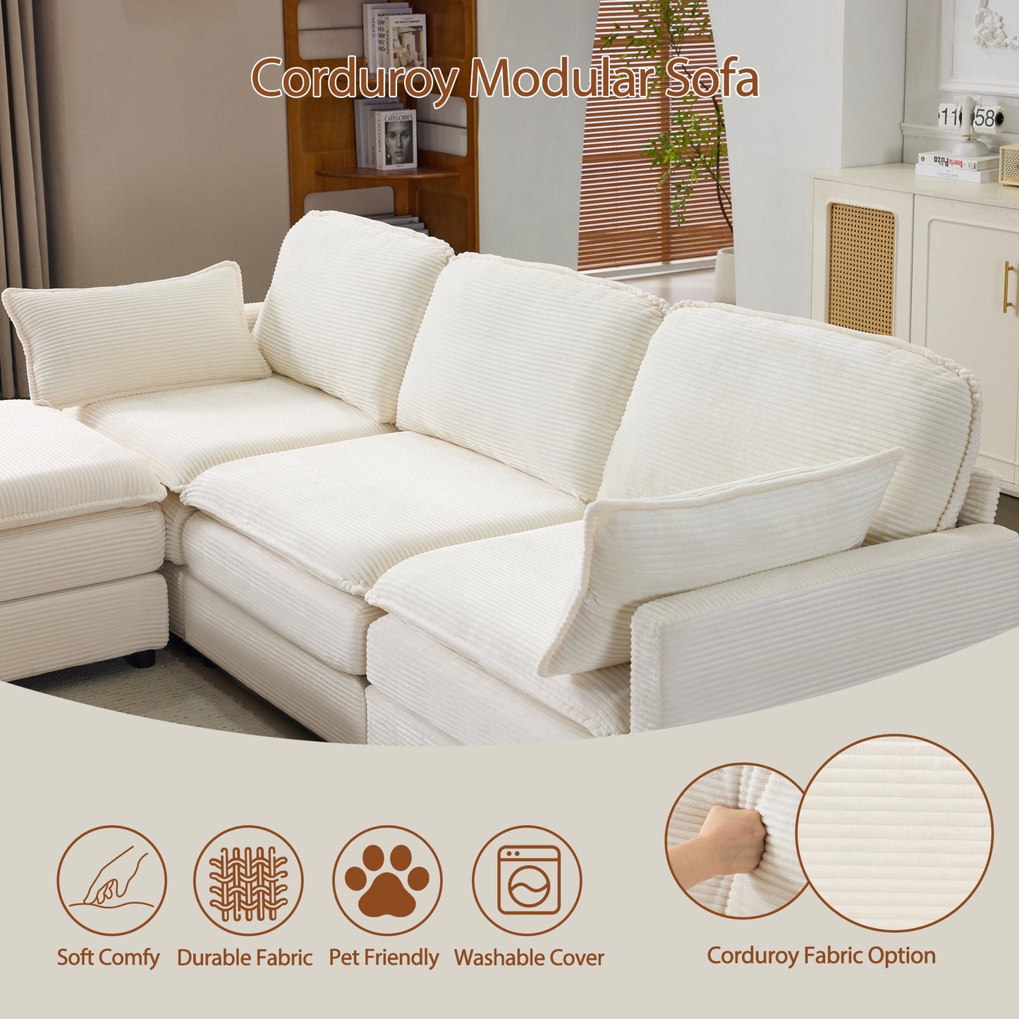 NEW 104' Plush Cloud Beige 3 Seater Modular Sofa + Ottoman with 22' Chenille Cushions and 2 Throw Pillows