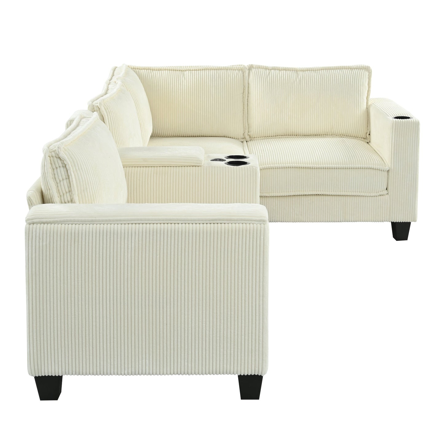 NEW L-shaped 4-Seater Corduroy Large Storage Armrest Sofa with Center Console and USB Charging