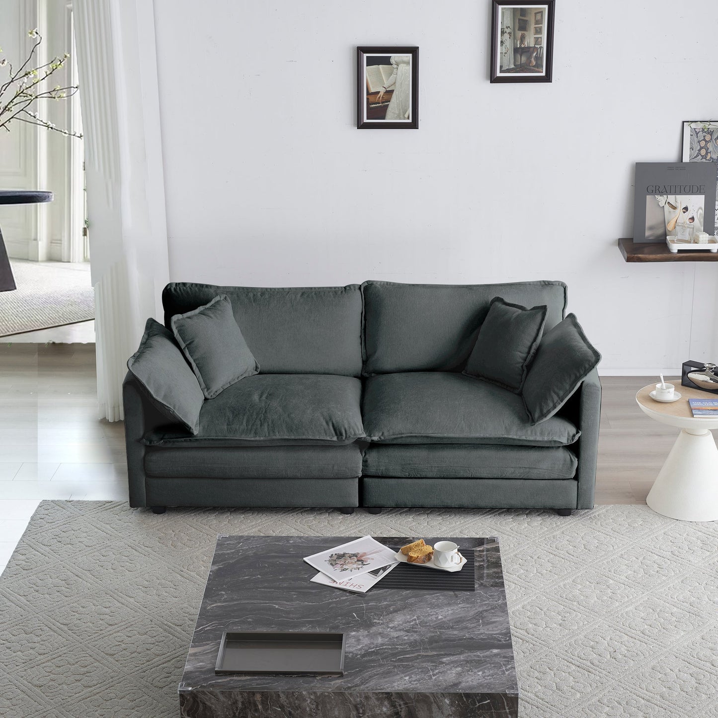 NEW Modern Gray Chenille Fabric Loveseat Upholstered Large Size Deep Seat 2-Seat Sofa Couch with 4 Pillows