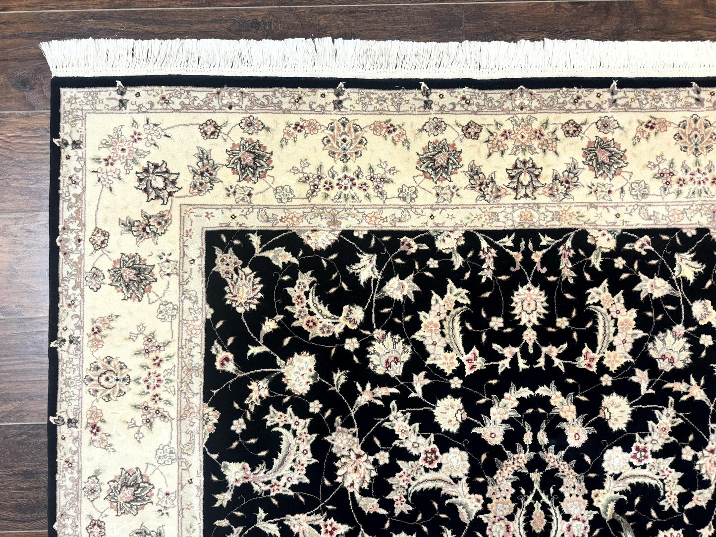 USED Sino Persian Rug 6x9, Black and Ivory, Wool and Silk Highlights, Handmade