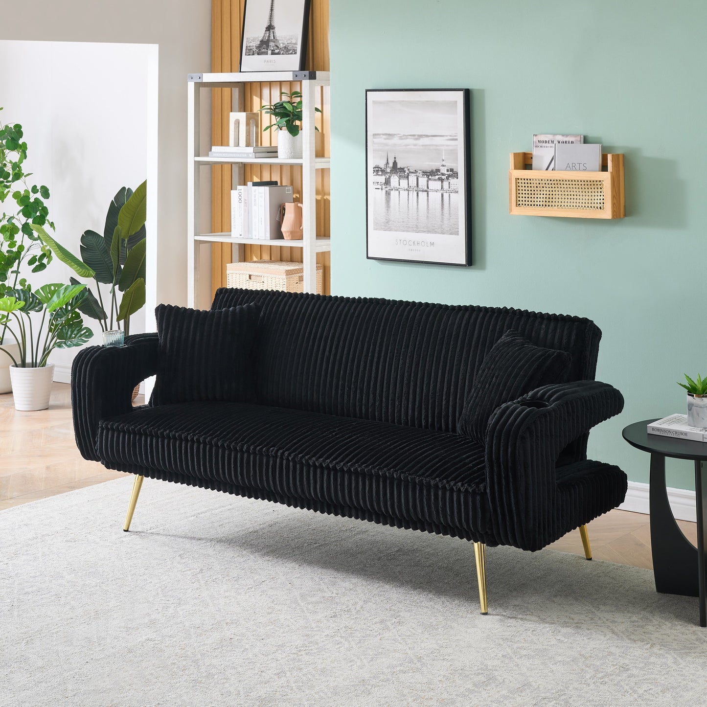 NEW 74.01 inch Straight Black Corduroy Sofa Bed Couch with Pillows