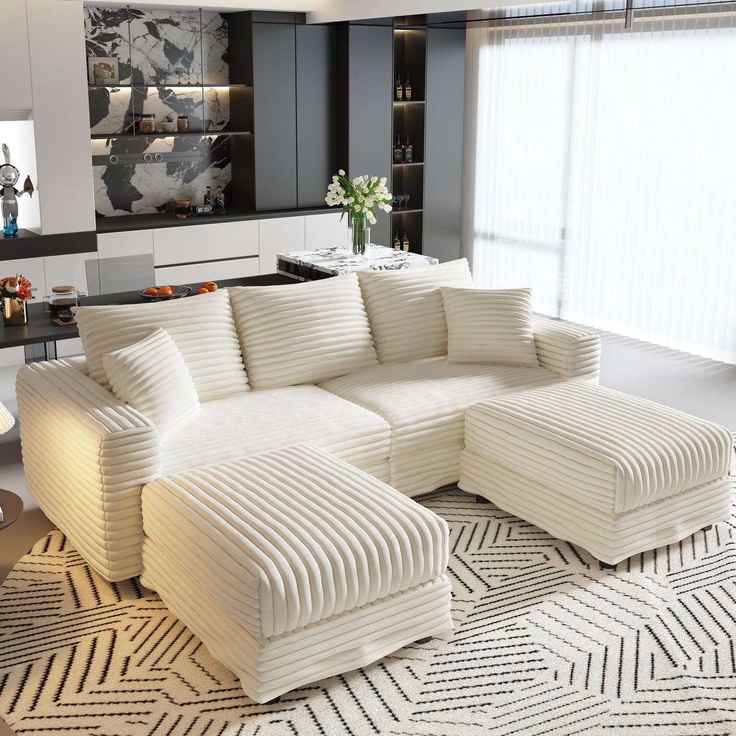 NEW 82.7 ' Plush Corduroy 3-Seat Sofa, Modern Comfy Upholstered Sofa Cloud Couch, Deep Seat Couches with Soft Pillows and 2 Ottomans, Convertible Sofa Lounge Chair, for Living Room,Apartment,Office,Beige