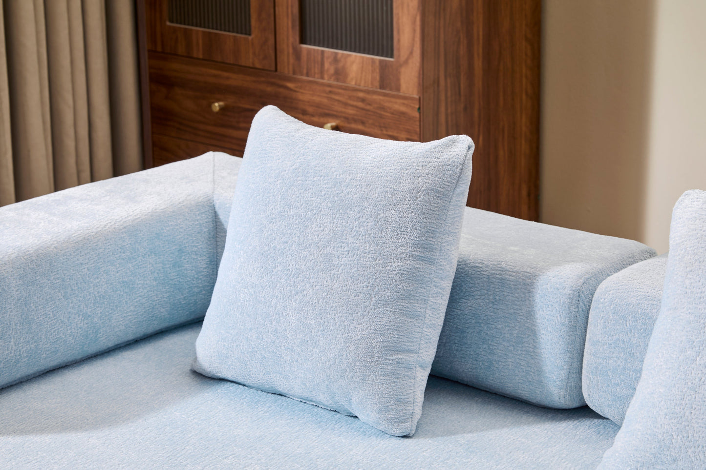 NEW Light Blue Chenille Fabric Floor Couch Compression Convertible Sofa Bed with Pillow Back Support Armrest Comfy Futon Couch Lounge Sleeper Bed