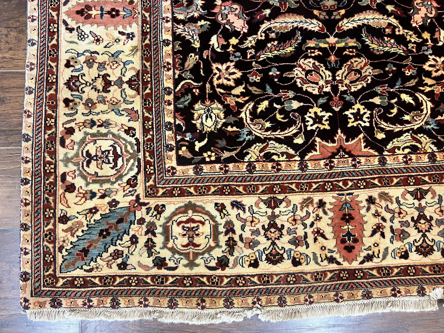 USED Indo Persian Rug 5x15, Wide Runner Rug 5 x 15 ft, Wool Hand Knotted Vintage Carpet, Black & Cream, Floral Allover Long Oriental Rug