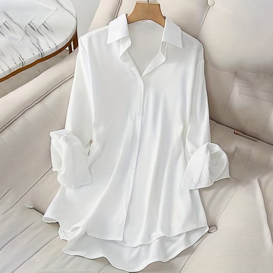 New Plus Size Women's Casual Solid Color Lapel Long Sleeve Shirt Spring Autumn Comfort Full Button Office Blouse
