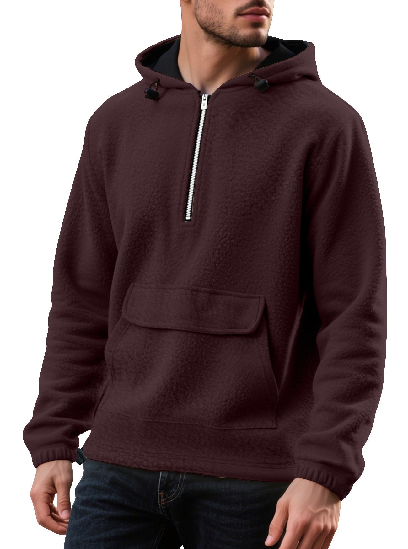 New Padded Fleece Sweater Solid Color Half Zip Hooded Work Clothes Pullover