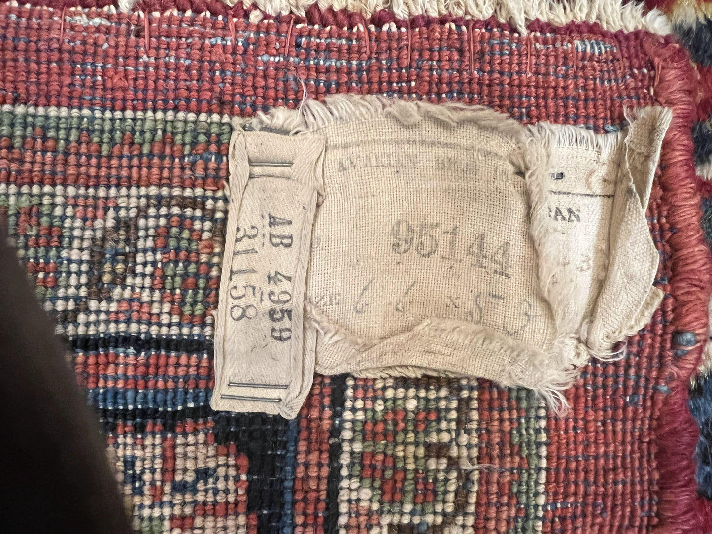 USED Rare Persian Almost Square Rug 6.3 x 5.3, Hand Knotted Wool Antique 1920s Sarouk Oriental Carpet, Red Navy Blue Beige, Floral Allover, 5x6 Area Rug