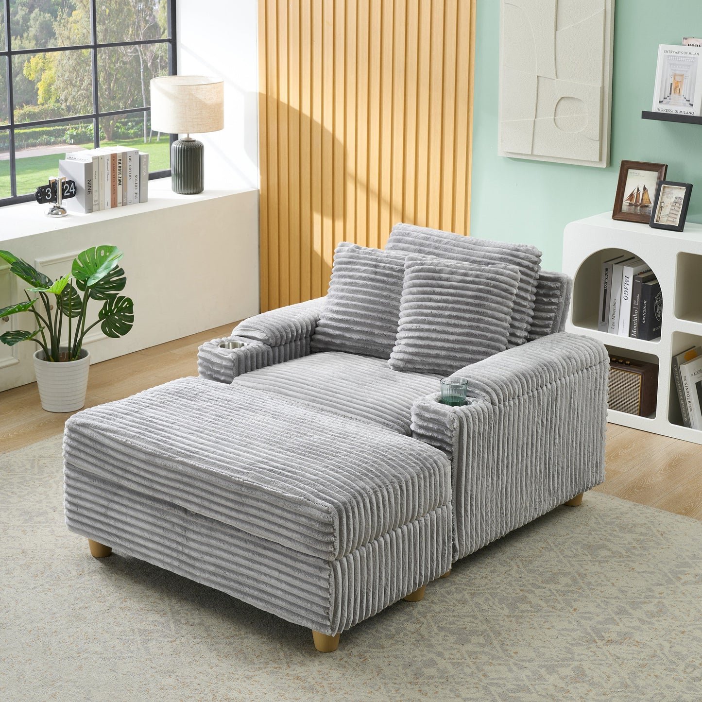 NEW Gray Corduroy Fabric Single Seater Oversized Loveseat with Storage Ottoman