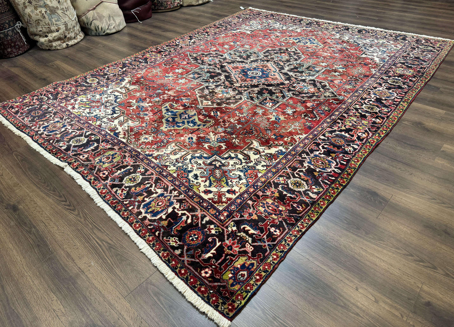 USED Antique Persian Heriz Rug 8x11, Geometric Tribal Wool Carpet, Brick Red