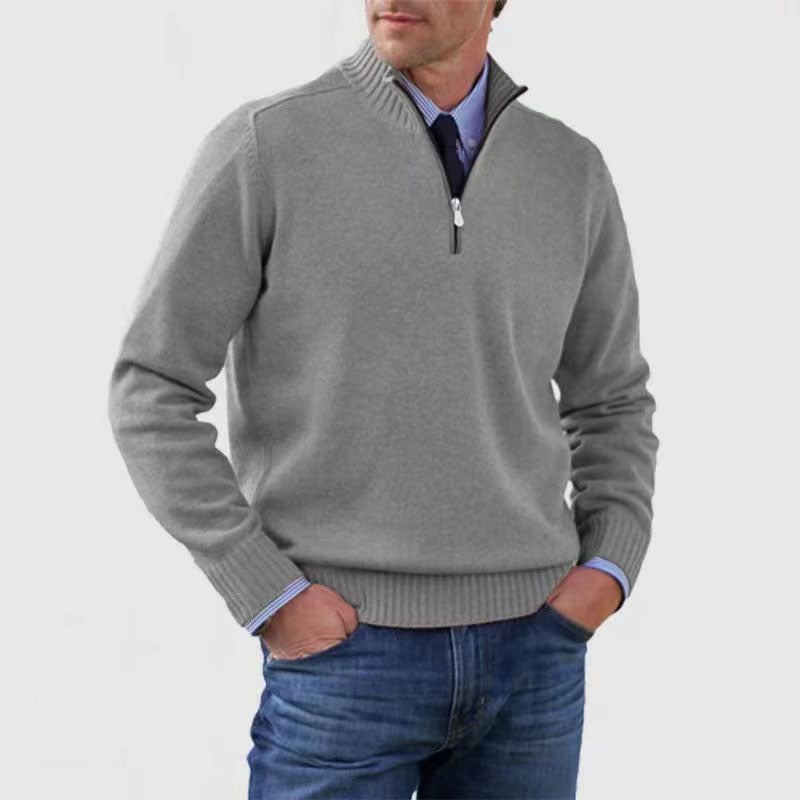 New Men's Stand Collar Zipper Sweater Winter Fashion Solid Color Long Sleeve Knitted Top Clothing