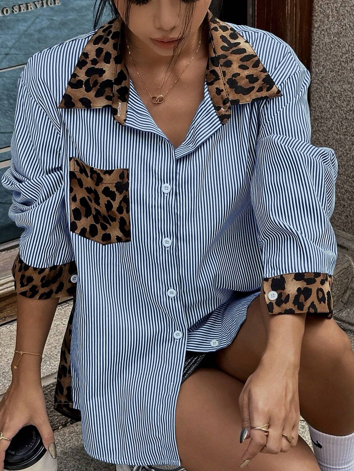 New INS Leopard Striped Patchwork Shirt Fashion Casual Long-sleeved Button Lapel Top Women's Clothing