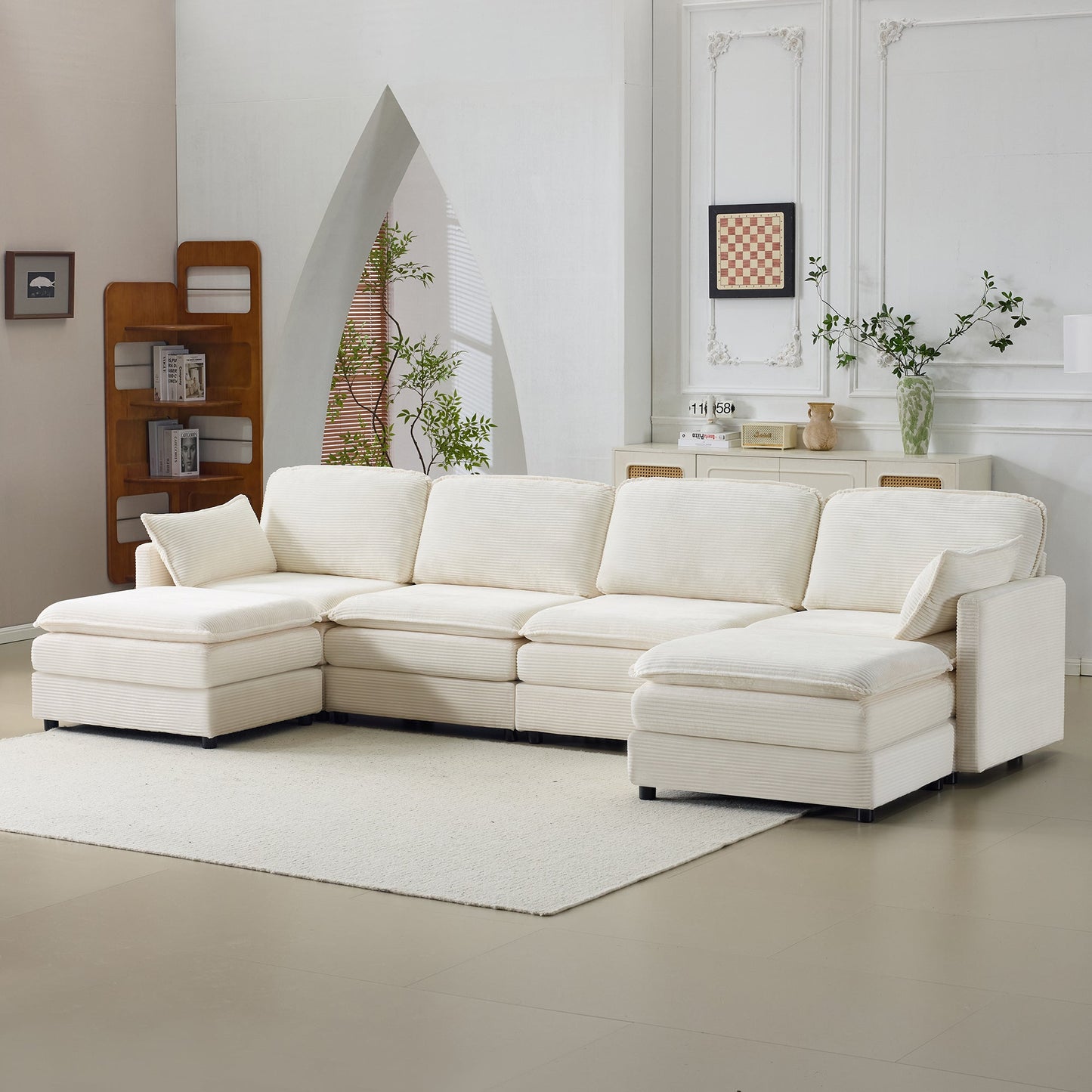 NEW 136' Plush Cloud 3-seater Sofa: Modular 4-seater Sofa + 2 Footstools with 22' Beige Chenille Cushions + 2 Throw Pillows - Compact Size for Apartment, Living Room, Bedroom (Beige)