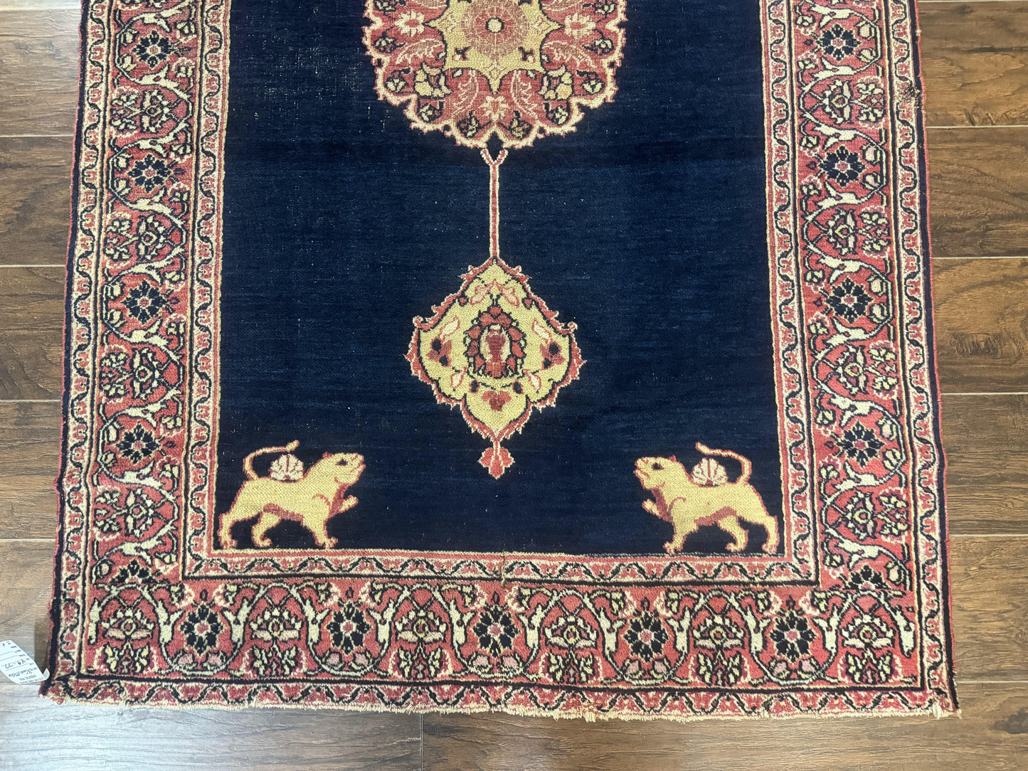 USED Antique Persian Mashad Rug 4x6, Semi Open Field, Navy Blue, Lion Pictorials, Triple Medallion, Dorokhsh Rug