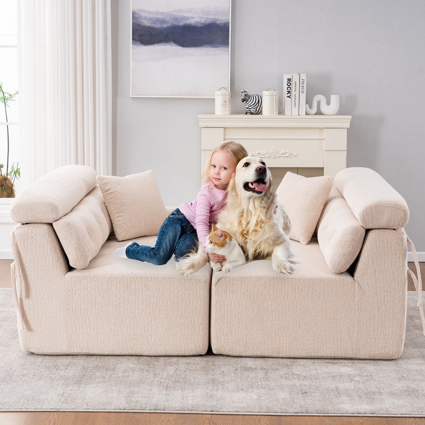 NEW LY-029 Apricot Compression Sofa 4-seater Wood Grain Chenille Fabric Couch with Two Pillows