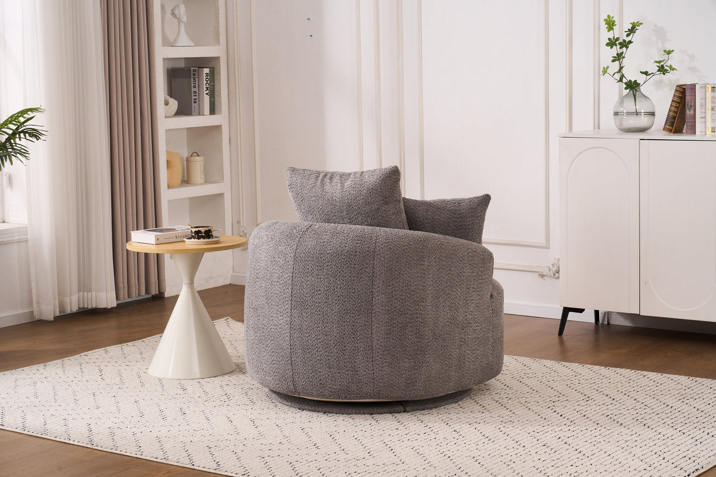 NEW 360° Swivel Round Grey Upholstered Accent Barrel Chair with 3 Removable Pillows