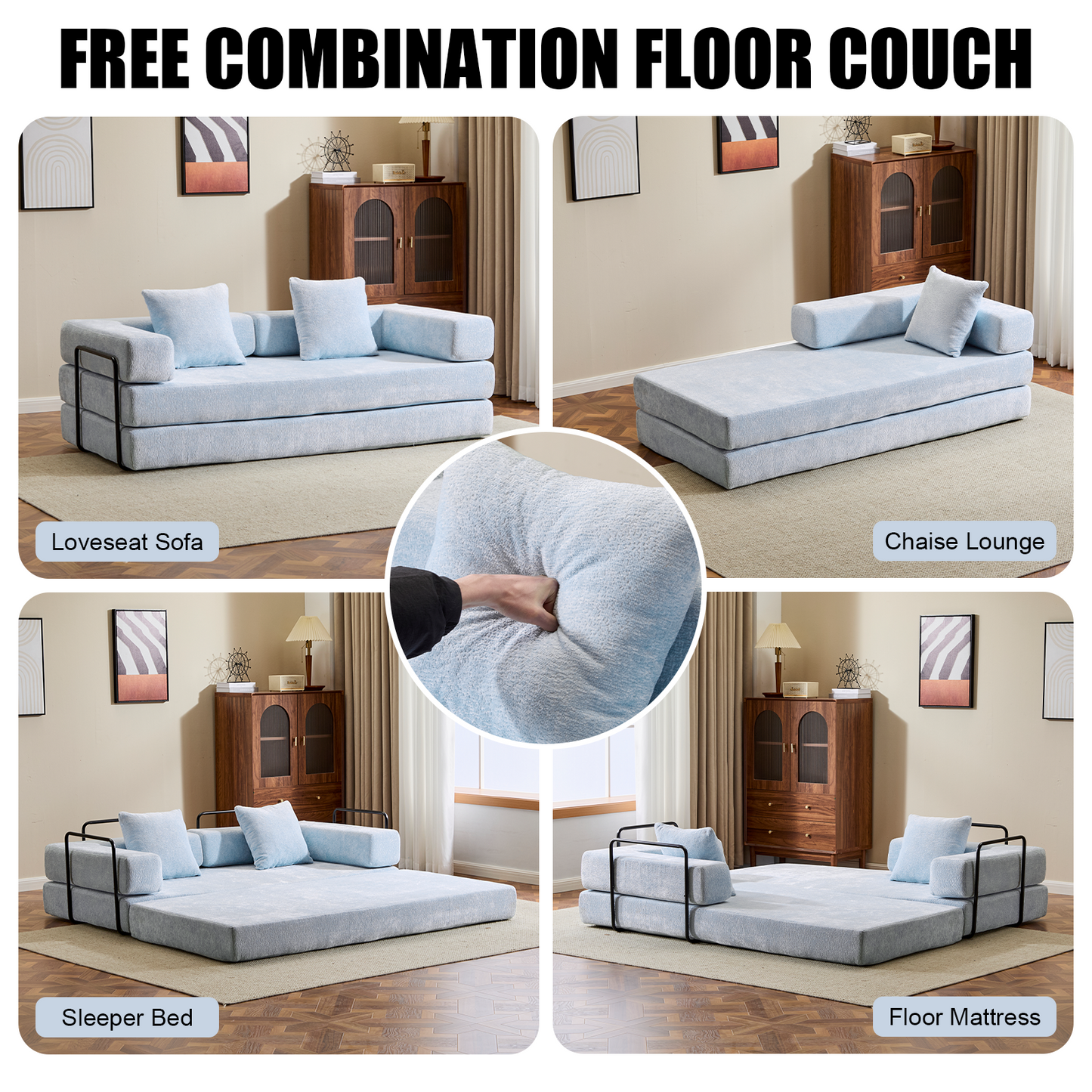 NEW Light Blue Chenille Fabric Floor Couch Compression Convertible Sofa Bed with Pillow Back Support Armrest Comfy Futon Couch Lounge Sleeper Bed