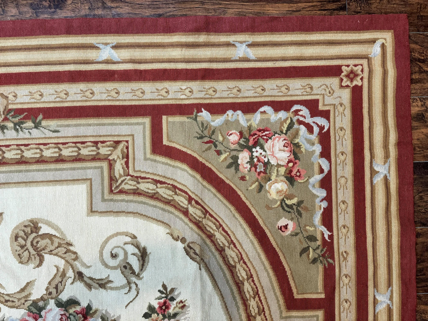 USED Aubusson Needlepoint Rug 9x11, Handmade Vintage Wool Flatweave Carpet, Elegant European Rug, Floral, Cream