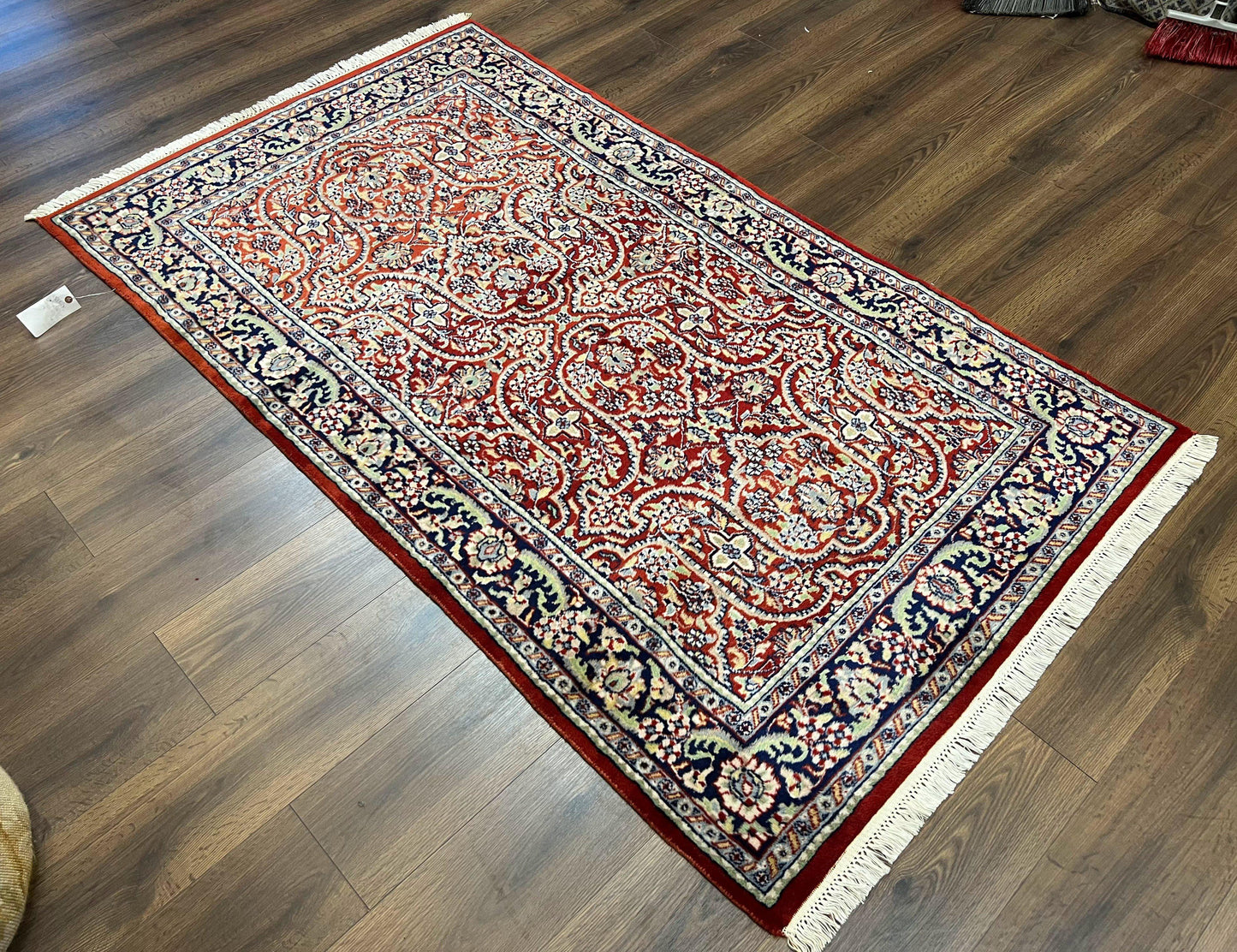 USED Indo Persian Rug 4x7, Allover Floral Oriental Carpet, Red and Navy Blue, Hand Knotted Indian Kashmiri Traditional Vintage Area Rug 4 x 7 ft