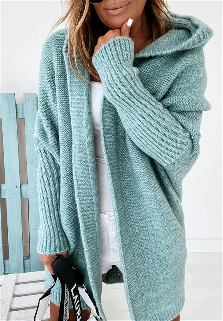 New Fashion Bat Sleeve Hooded Cardigan Oversized Loose Temperament Solid Color Sweater Womens Clothing