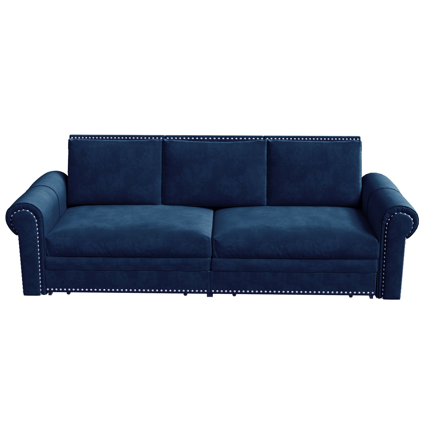 NEW 93.7 ' King Pull Out Sofa Bed, Chesterfield Sofa, 3-in-1 Velvet Convertible Sleeper Sofa with Nailhead Trim & Rolled Arm, Multi-Functional Sofa Bed for Living Room, Bedroom, Apartment, Office, Blue