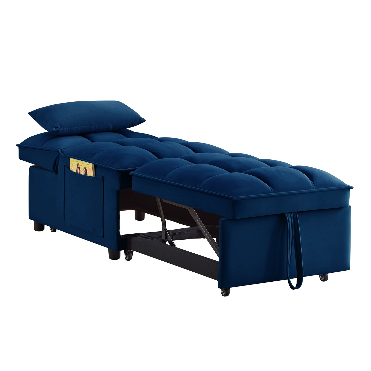 NEW 4 in1 Multi-Function Single Sofa Bed with Storage Pockets,Tufted Single Pull-out Sofa Bed with Adjustable Backrest and Pillows ,Convertible  Chaise Lounge, Navy