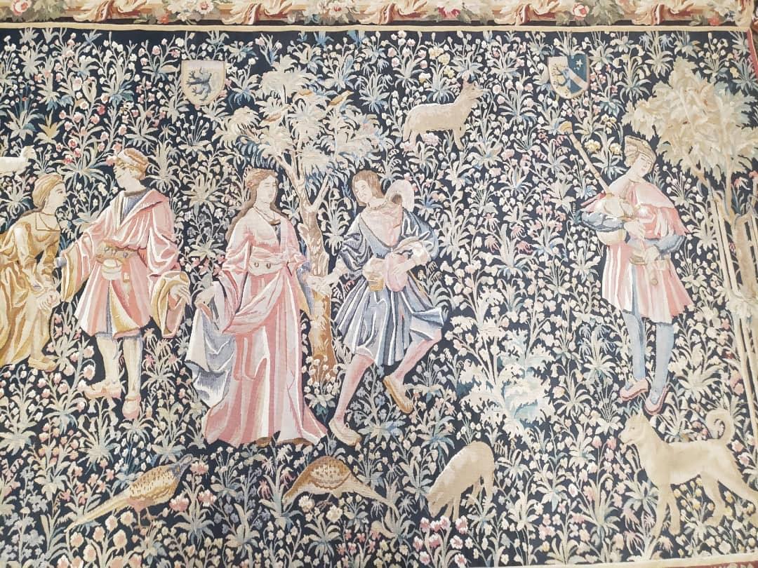 USED Vintage European Tapestry 5.4 x 7.11, Antique Style European Wall Hanging, Aubusson Weave Handmade Tapestry, Courtship Dating Scene, Animals