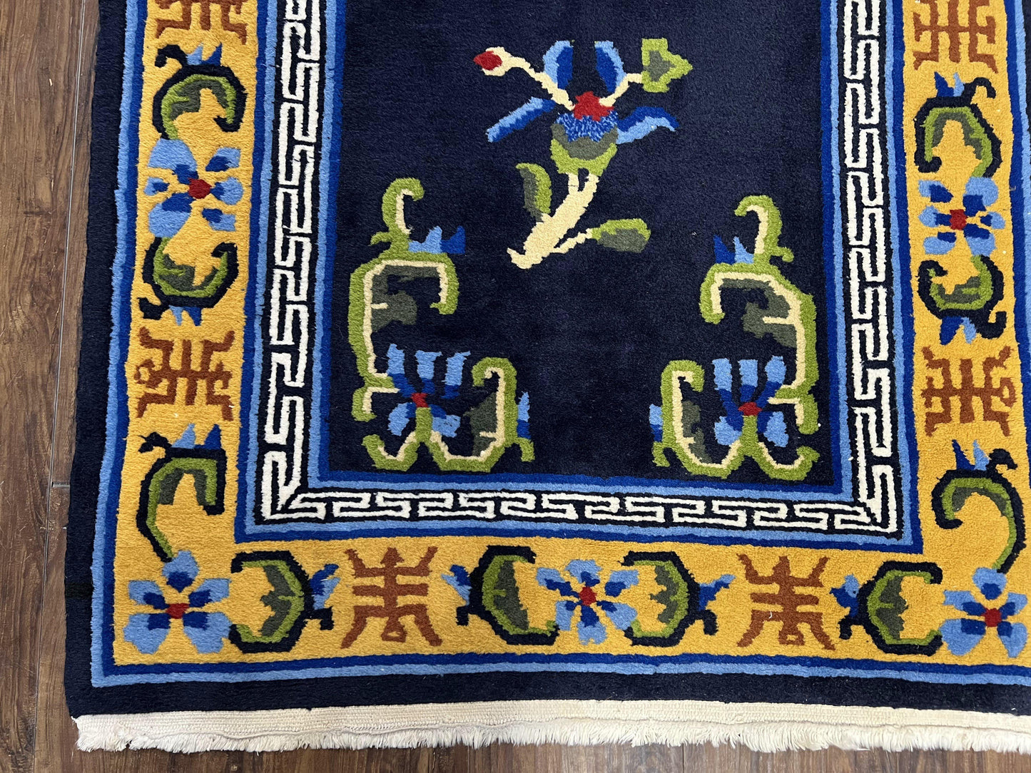 USED Chinese Art Deco Rug 3 x 5.9, Handmade Chinese Peking Carpet, Dark Blue and Gold, Medallion, Asian Oriental 3x6 Hand Knotted Vintage Rug