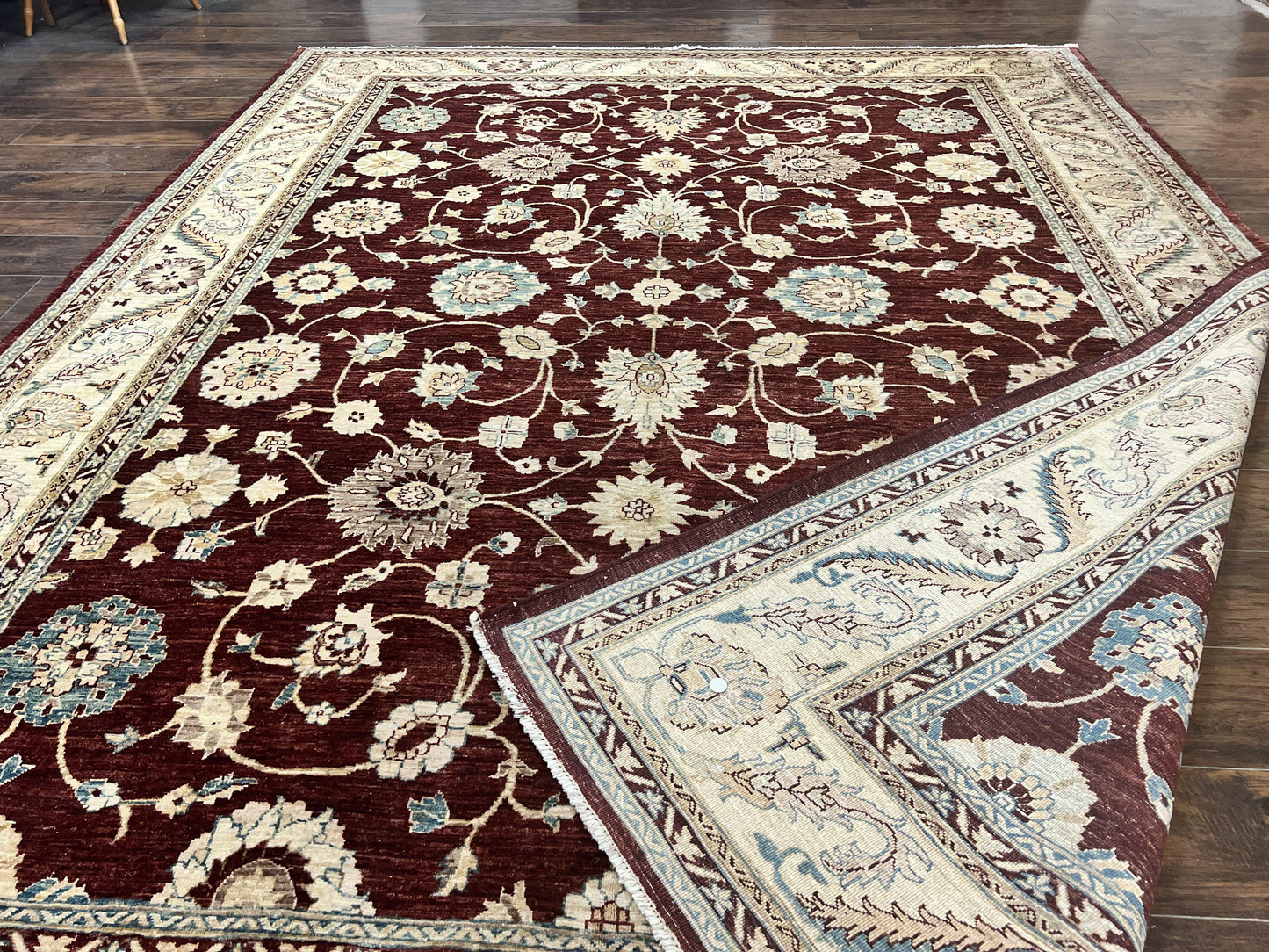 USED Peshawar Rug 9x11, Pakistani Oriental Carpet, Maroon and Beige, Floral Allover, Wool Hand Knotted Handmade Vintage Rug