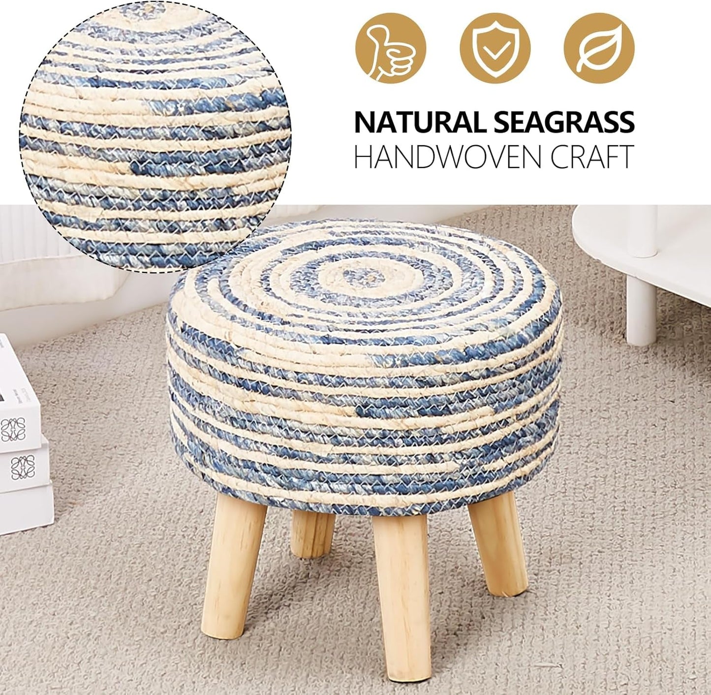 NEW Round Seagrass Ottoman Footstool Handwoven Natural Blue
