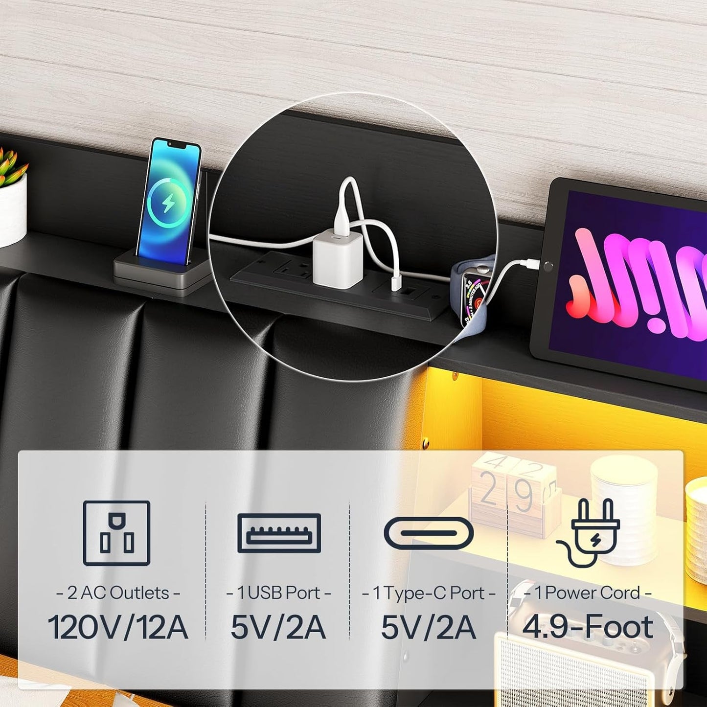 NEW Upholstered Full Size Headboard with LED Lights and Storage