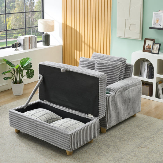 NEW Gray Corduroy Fabric Single Seater Oversized Loveseat with Storage Ottoman