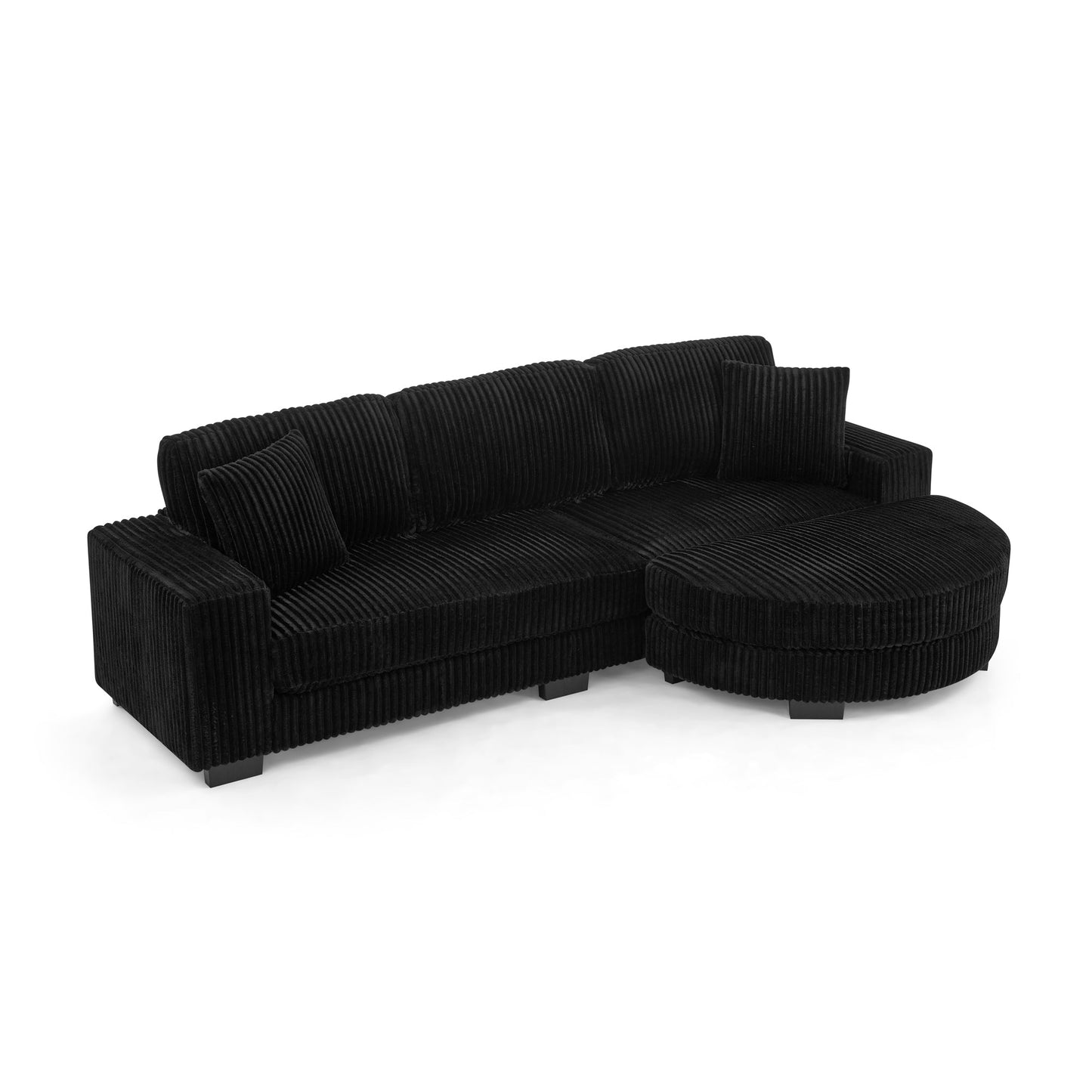 NEW Black Corduroy Tufted Upholstered Sleeper Sectional Sofa, L-Shaped Modular Convertible Sofa with Arc-Shaped Footstool