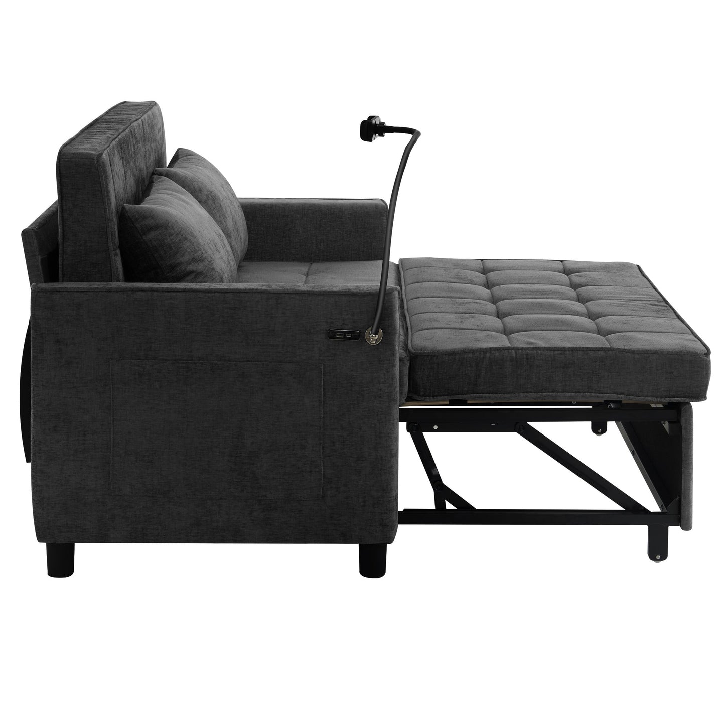 NEW Contemporary 56.9' Loveseat Sofa Bed Sleeper with Reversible Backrest, Side Pockets, USB Ports, Phone Holder, Black Chenille