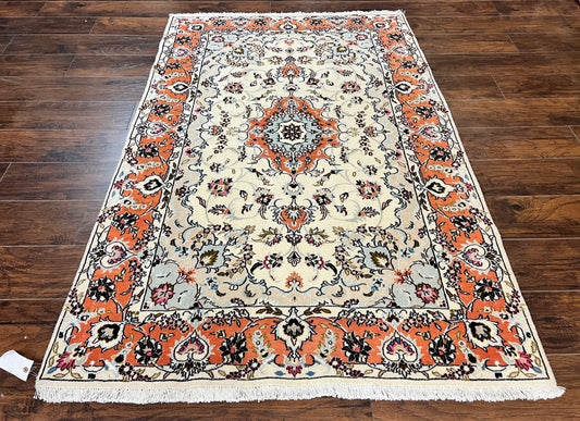 USED Persian Tabriz Rug 4.5  x 6.8, Finely Hand Knotted Wool with Silk Highlights Vintage Oriental Carpet, Cream and Salmon, High KPSI, Floral Medallion