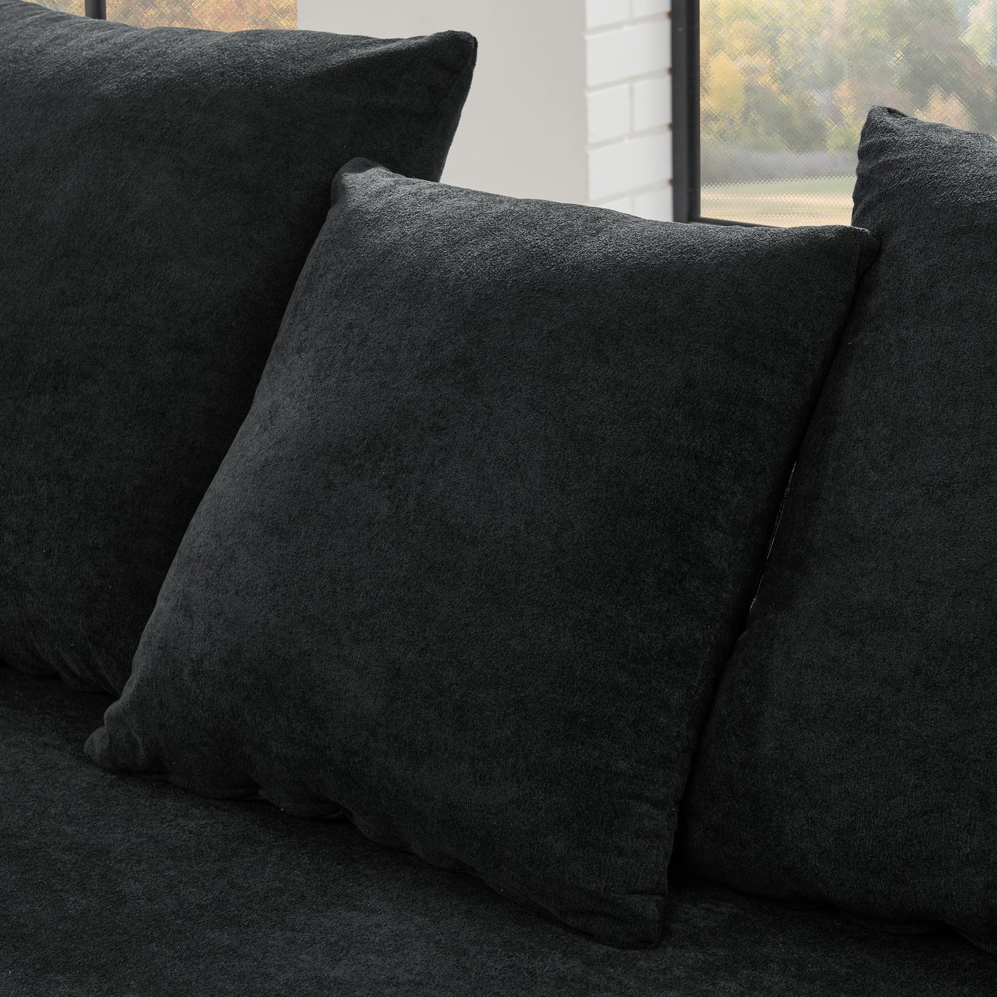 NEW Modern Black Melange Velvet Upholstered L-Shape Sectional Modular Compressed Sofa