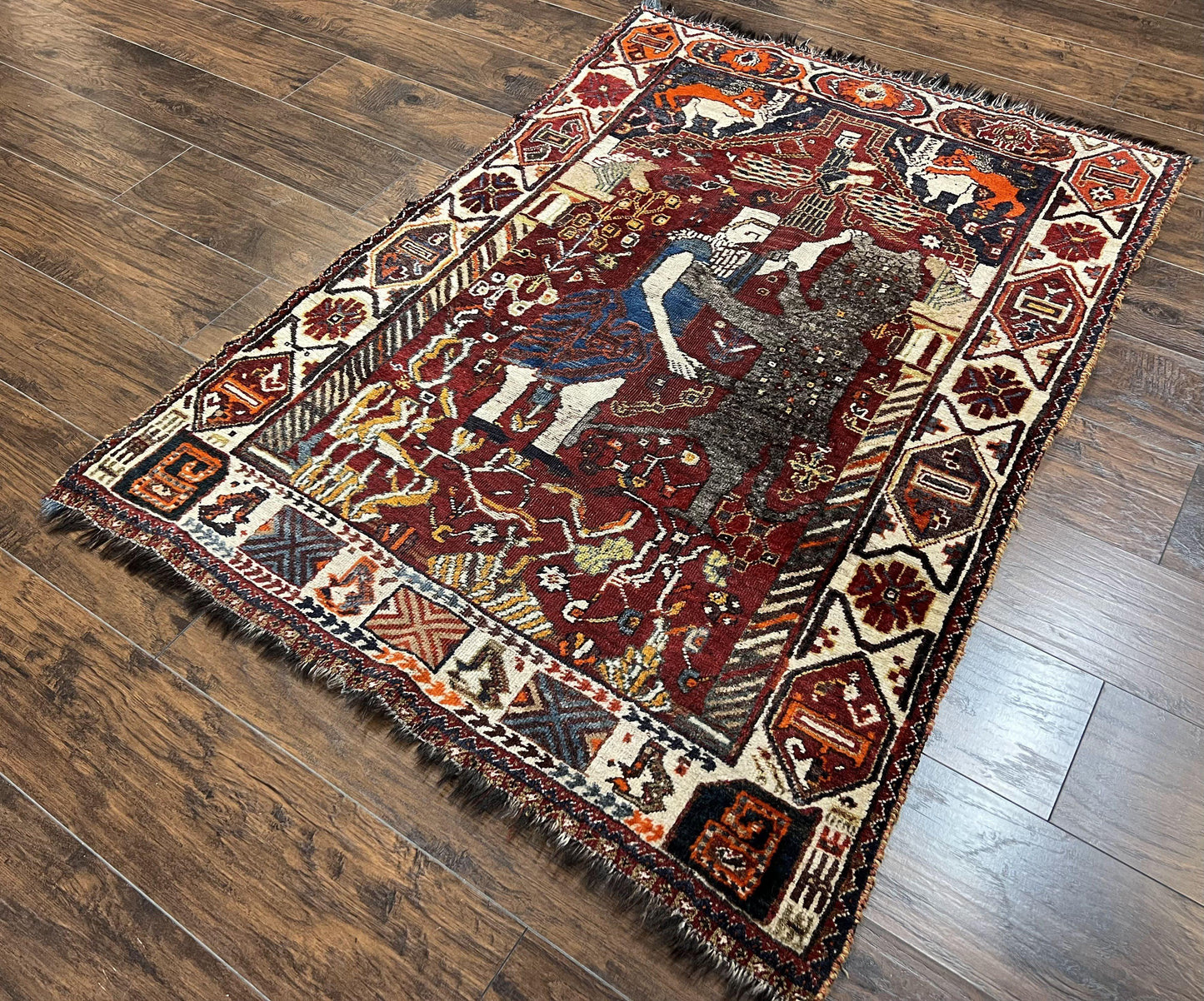 USED Antique Persian Shiraz Pictorial Rug 3.6 x 5, Persian Tribal Rug, Handmade, Lions, Highly Unique Collectible Small Persian Carpet, Maroon, Wool