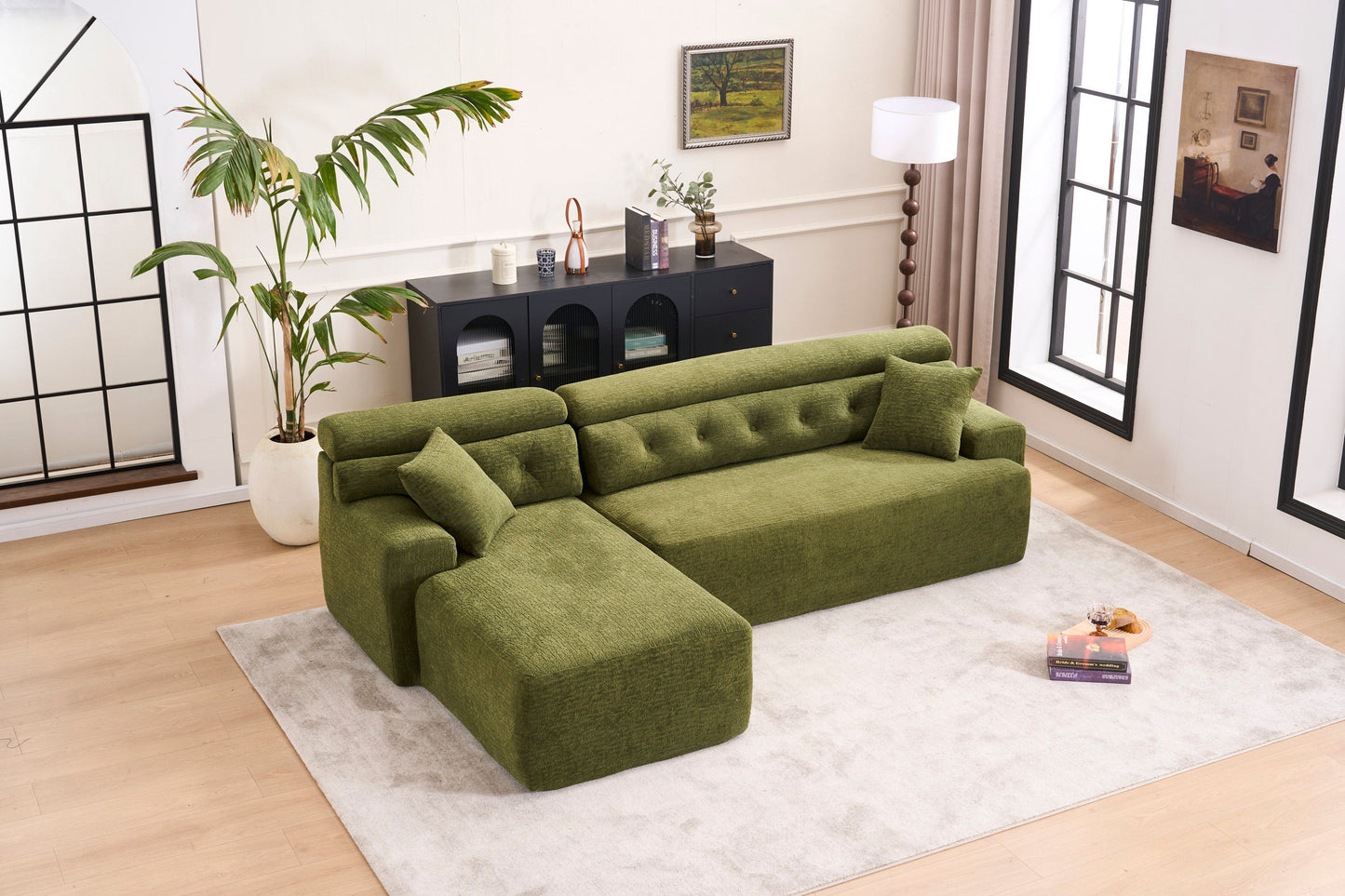 NEW 105' Modula Compression Sponge L-Shaped, Chesterfield-Inspired Design, No-Assembly Chenille Couch, 30D High-Density for Living Room, Bedroom, Apartment.Green.
